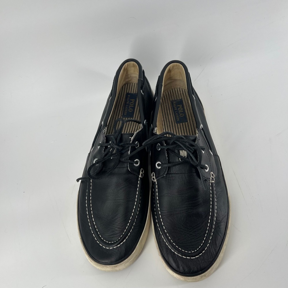 Polo Ralph Lauren Sander Mens 14D Black Leather Boat Shoes Sneakers 0200001087 - Picture 2 of 10